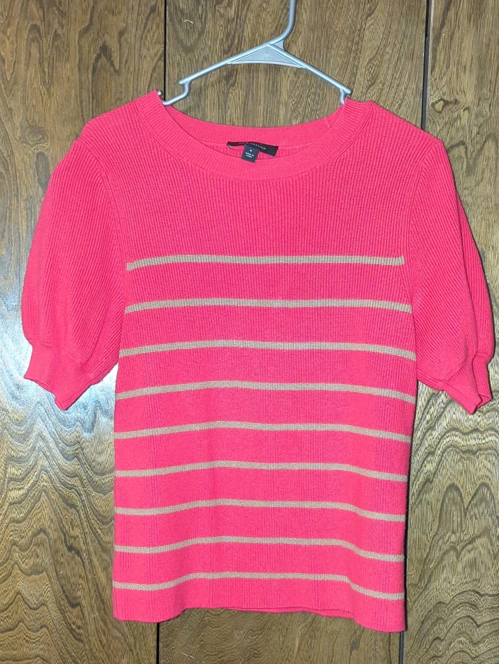 Ann Taylor Coral Pink Short-Sleeve Stripe Knit Sweater